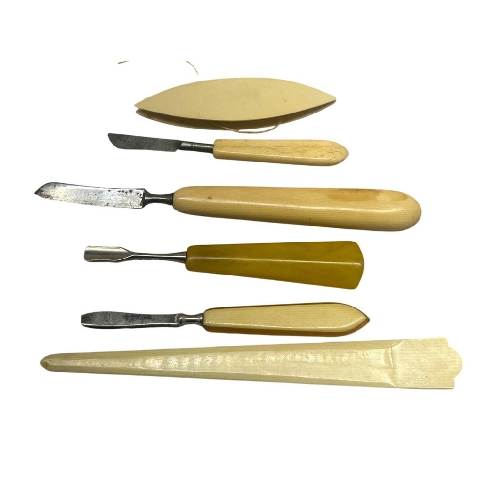 Vintage Wood Manicure Tools Celluloid Handles 7 pieces Cedar Box Farmhouse Scene